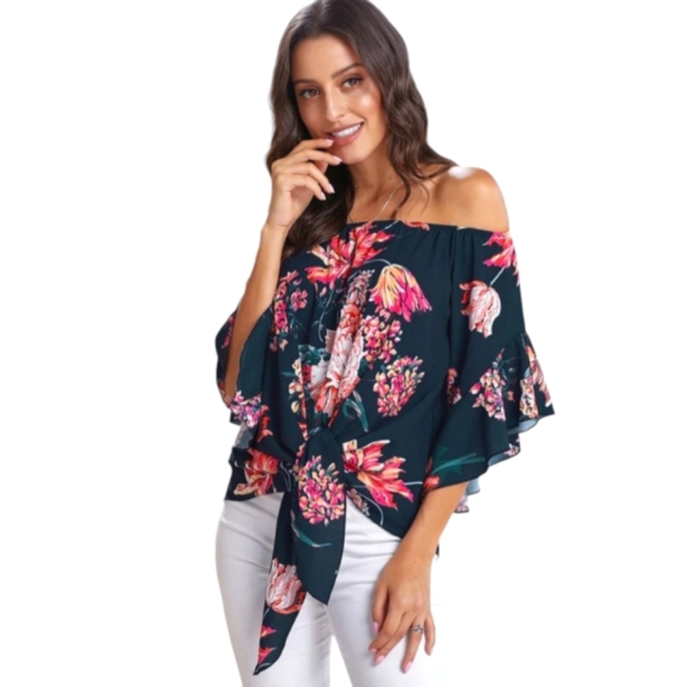 Women's Off-The-Shoulder Vibrant Floral Blouse - Size Large - Picture 2 of 15